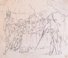 Fine English School Ink & Watercolor Satirical Officers Tavern Drinking Scene