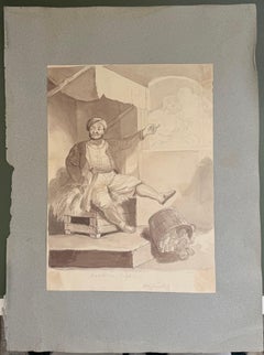 Fine English School Ink & Watercolor Seated Man with Basket of Fruit Interior