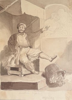 Fine English School Ink & Watercolor Seated Man with Basket of Fruit Interior