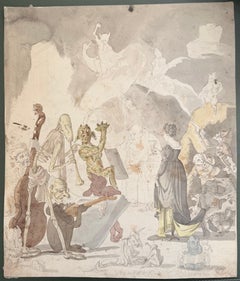 Fine English School Encre et aquarelle Squelette Figures fantastiques Musiciens Scène