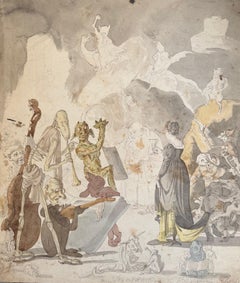 Fine English School Encre et aquarelle Squelette Figures fantastiques Musiciens Scène