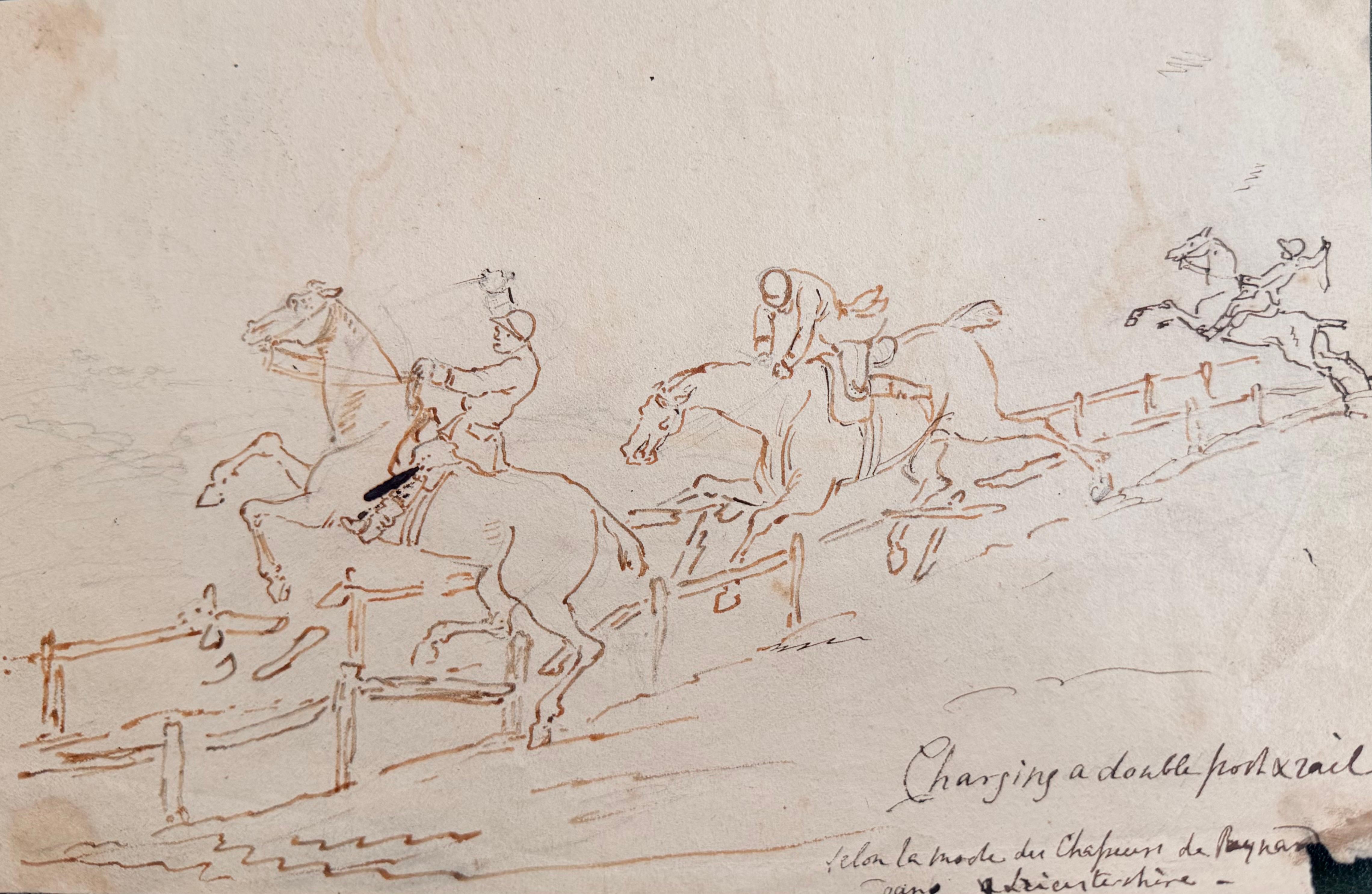 Fine English School Ink & Watercolor Skirmish Scene with Mounted Figures