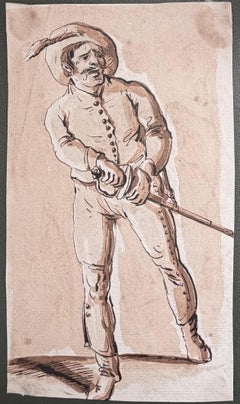 Fine English School Ink & Watercolor Standing Military Figure Study with Sword