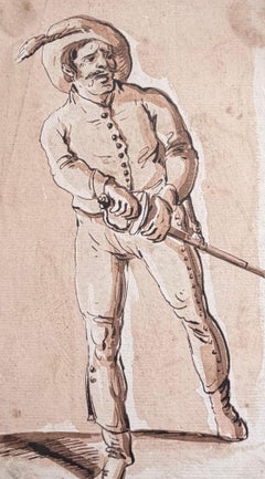 Fine English School Ink & Watercolor Standing Military Figure Study with Sword