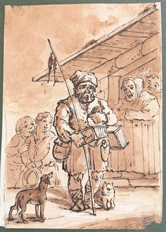 Fine English School Ink & Watercolor Street Musician with Children and Animals