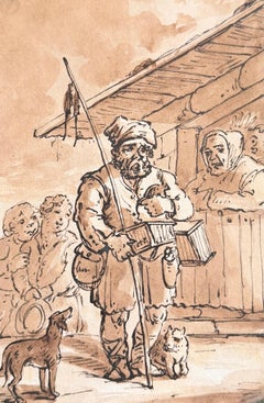 Fine English School Ink & Watercolor Street Musician with Children and Animals