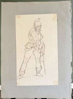 Fine English School Ink & Watercolor Study of an Eastern Soldier with Sabre