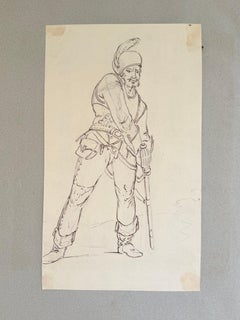 Fine English School Ink & Watercolor Study of an Eastern Soldier with Sabre