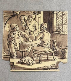 Fine English School Ink & Watercolor Tavern Interior Genre Scene with Figures
