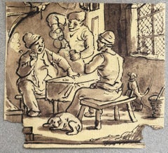 Fine English School Ink & Watercolor Tavern Interior Genre Scene with Figures