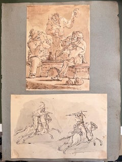 Fine English School Ink & Watercolor Tavern Musicians and Cavalry Pursuit