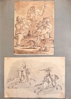 Fine English School Ink & Watercolor Tavern Musicians and Cavalry Pursuit