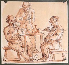 Fine English School Ink & Watercolor Tavern Musicians Genre Scene with Figures