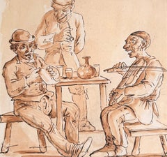 Fine English School Ink & Watercolor Tavern Musicians Genre Scene with Figures