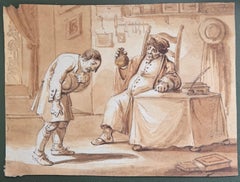 Fine English School Ink & Watercolor Tavern Scene with Seated Figure & Drunk Man