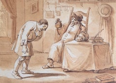 Fine English School Ink & Watercolor Tavern Scene with Seated Figure & Drunk Man