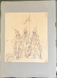 Fine English School Ink & Watercolor Three Soldiers Beside Cannon Military Study