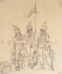 Fine English School Ink & Watercolor Three Soldiers Beside Cannon Military Study