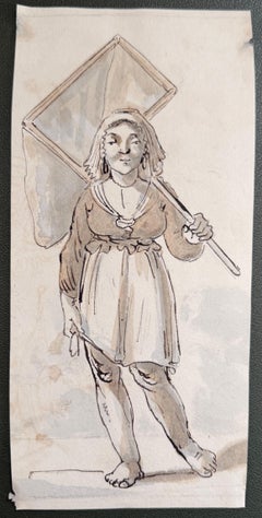 Fine English School Ink & Watercolor Young Figure with Butterfly Net Study
