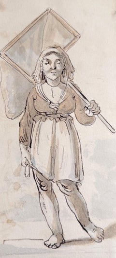 Fine English School Ink & Watercolor Young Figure with Butterfly Net Study