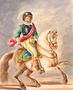Mounted Cavalier on a White Horse English School Equestrian Figure Study