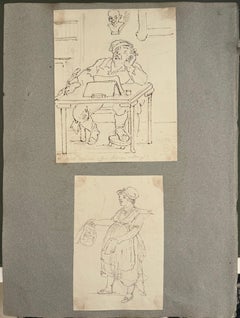 Pair of English School Character Studies, Poet and Market Woman Drawings