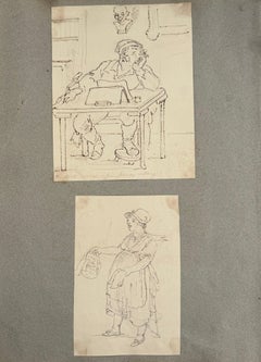Pair of English School Character Studies, Poet and Market Woman Drawings