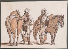 Study of Two Cavalrymen with Horses, English School Military Drawing