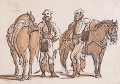 Study of Two Cavalrymen with Horses, English School Military Drawing