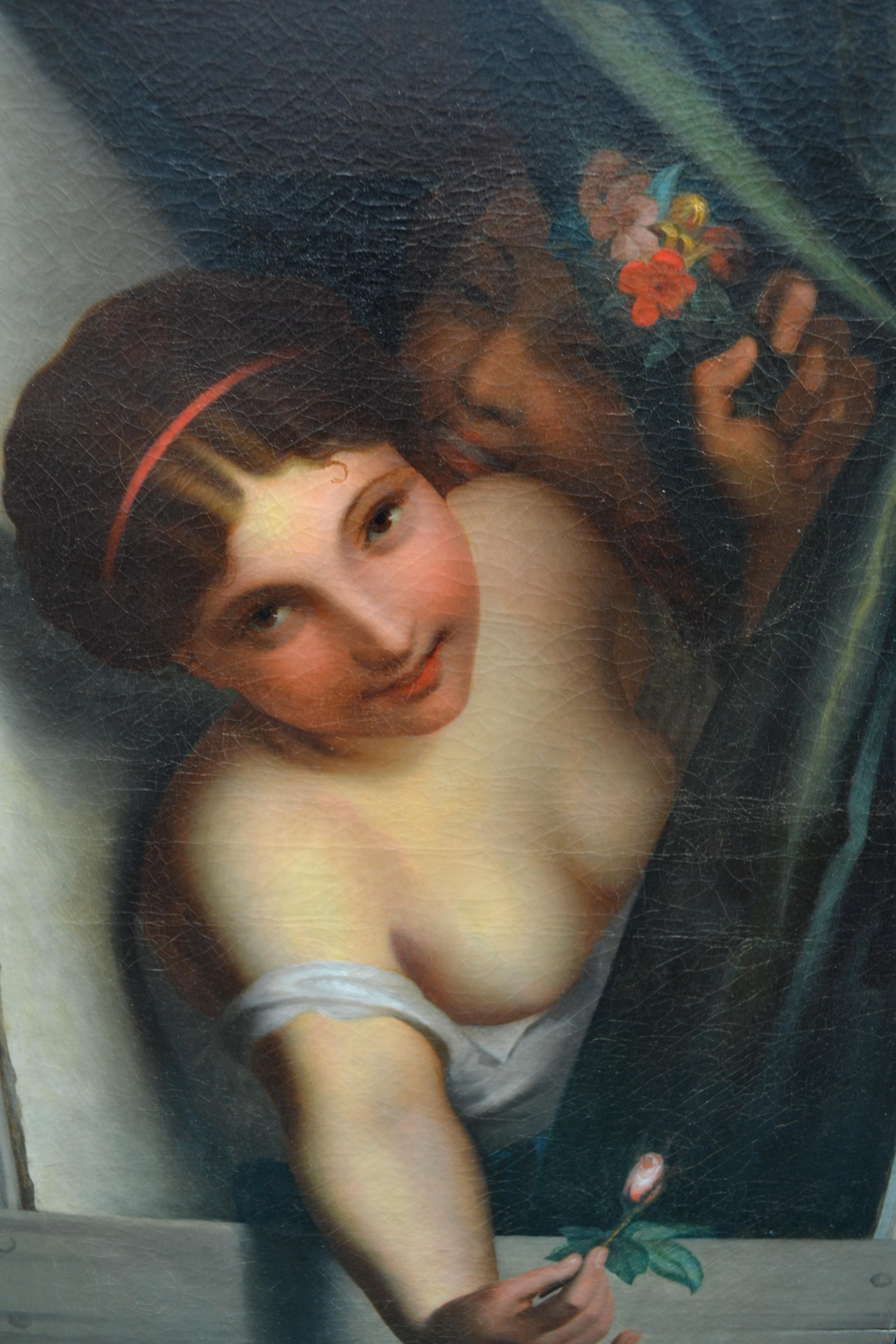 Hand-Painted Late 19th Century Oil Painting Called ‘Le Bouton Rose’ by Emil Preuss For Sale