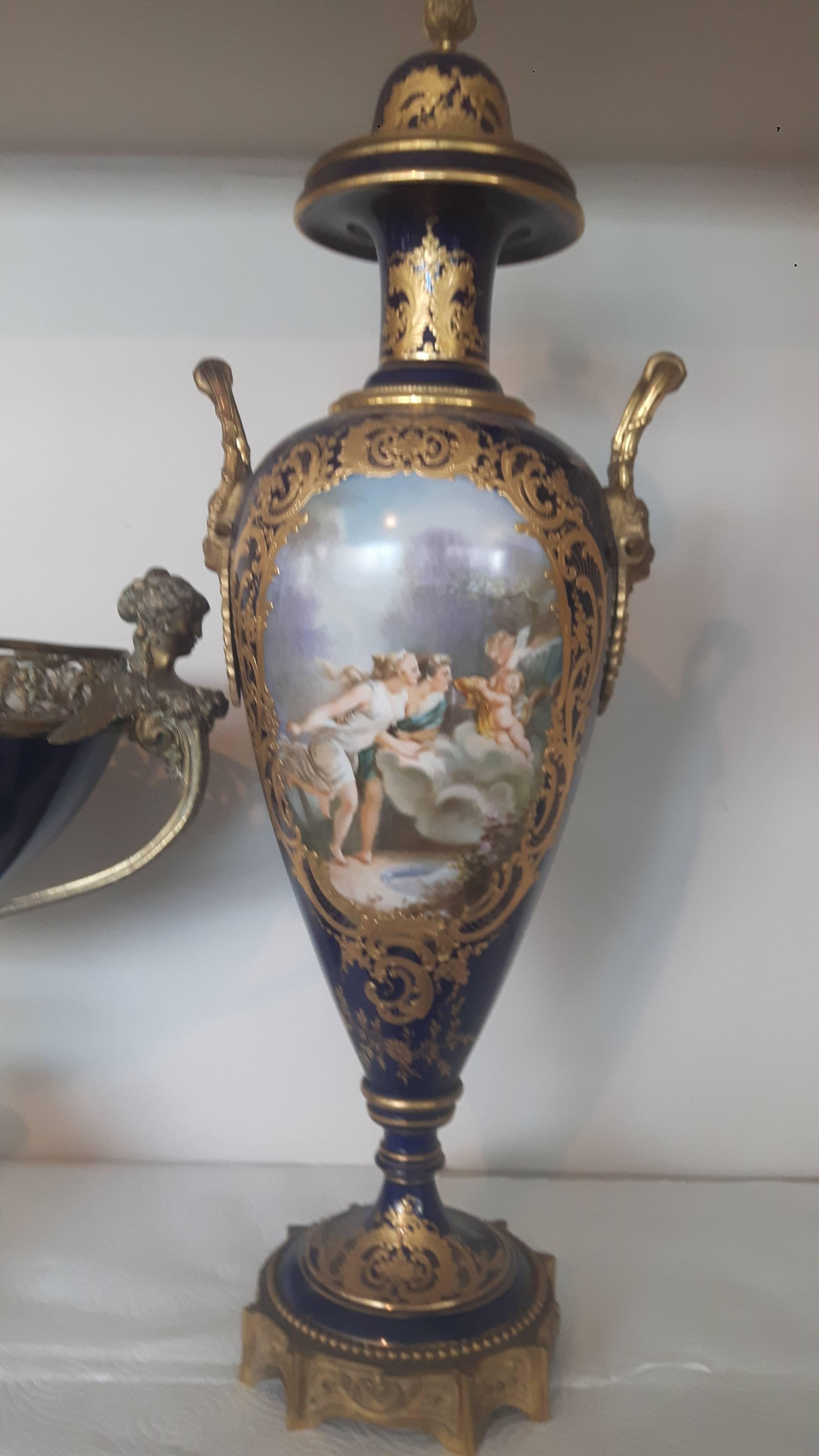 Louis XVI Late 19th Century Sevre Style Porcelain and Ormolu Assembled Ganiture For Sale