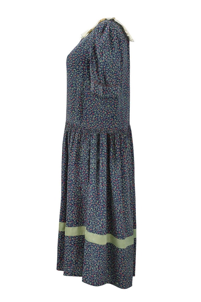 Late 1920s Navy Silk Floral Print Day Dress With Cream Pleated Collar ...