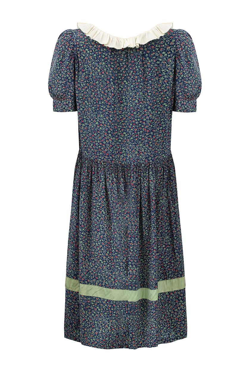 Black Late 1920s Navy Silk Floral Print Day Dress With Cream Pleated Collar 