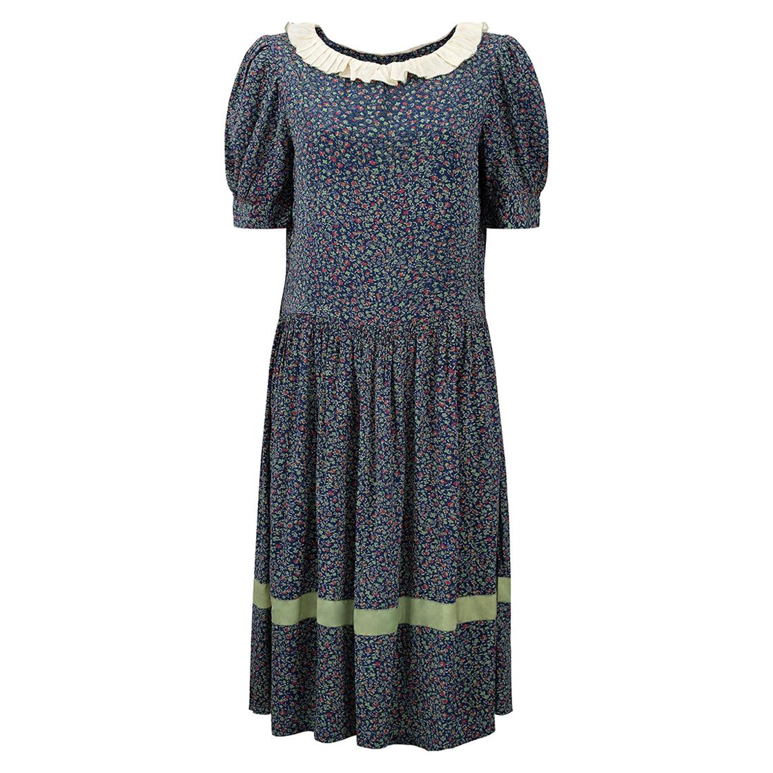 Late 1920s Navy Silk Floral Print Day Dress With Cream Pleated Collar 