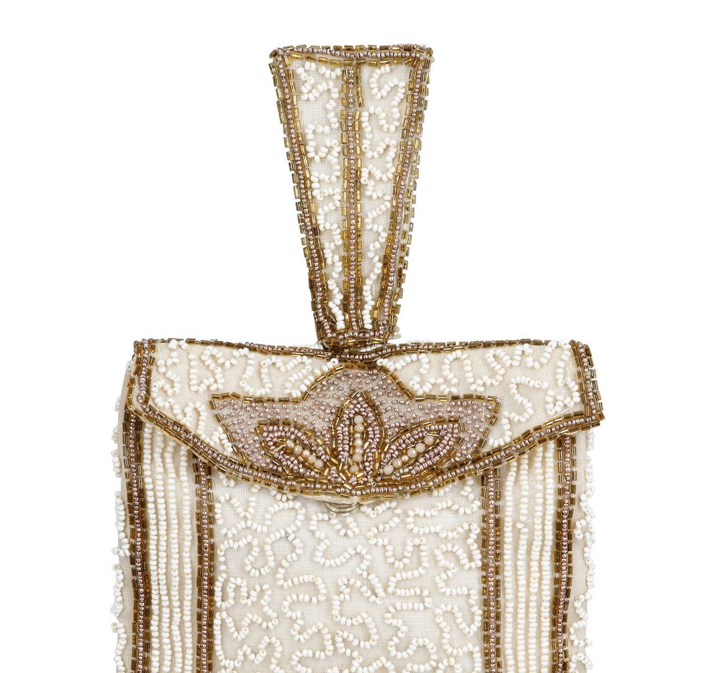 Women's Late 1920s or Early 1930s Art Deco Cream and Gold Beaded Bag