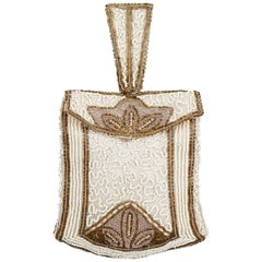 Sac en perles crème et or Art déco de la fin des années 1920 ou du début des années 1930