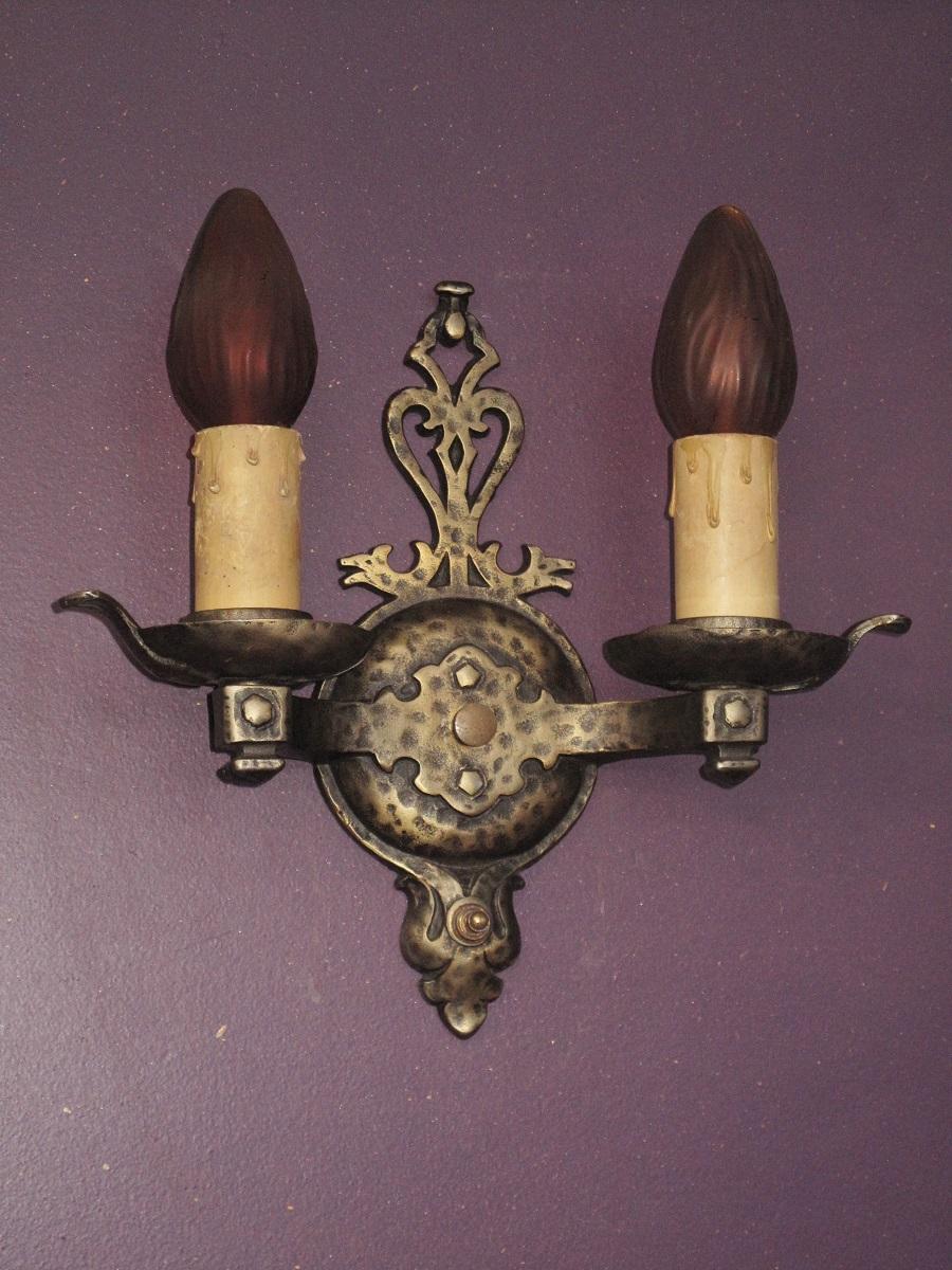 Spanish Colonial Late 1920s Vintage Dogs Head 2 bulb Sconces For Sale