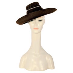 Late 1930s Brown Wool Felt, Wide Brimmed Hat with Corded Ivory Band