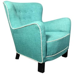 Late 1930s Danish Buttoned Armchair with Turquoise Upholstery 