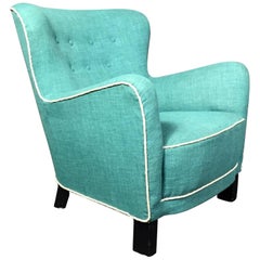 Late 1930s Danish Buttoned Armchair with Turquoise Upholstery