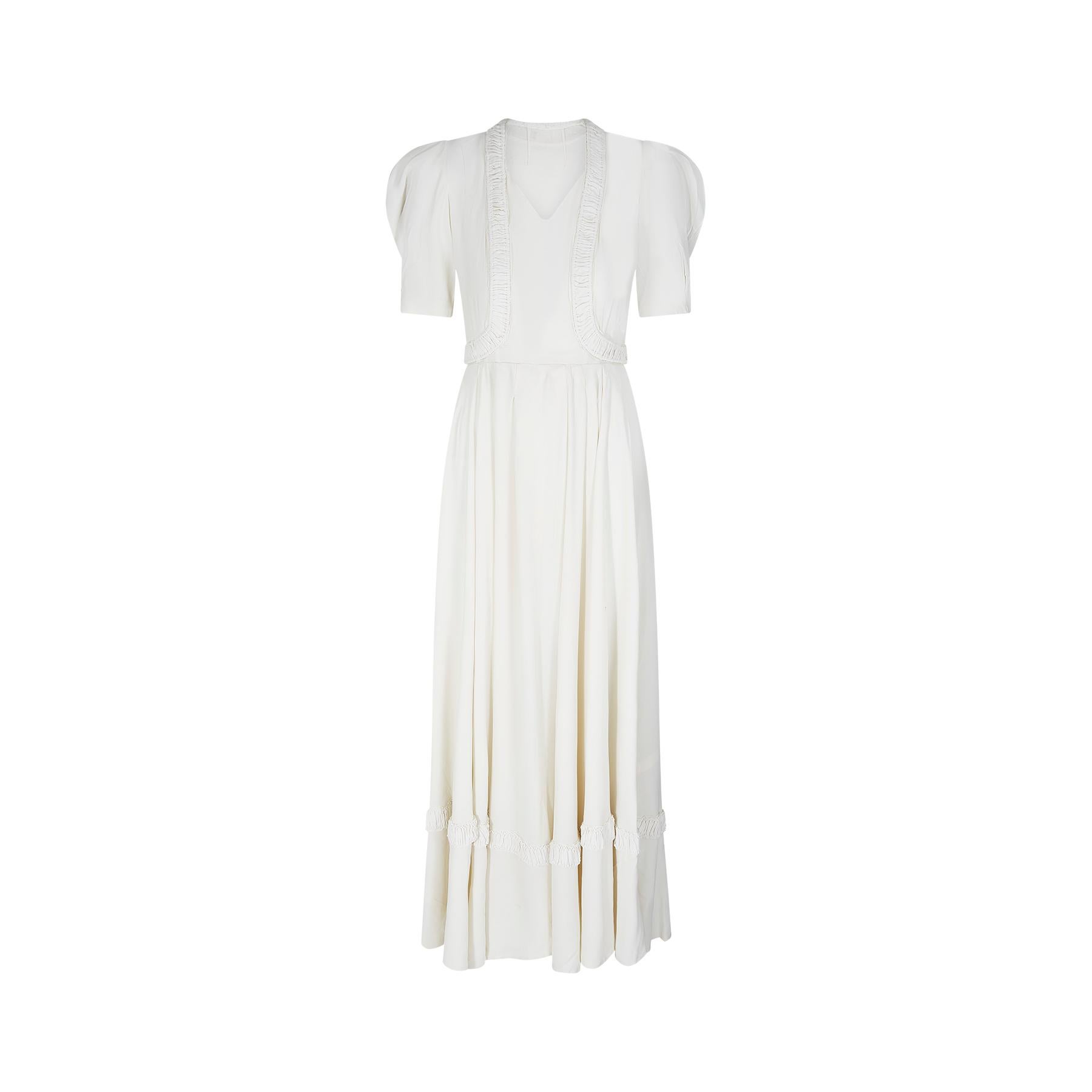 Late 1930s Early 1940s White Crepe Wedding Dress For Sale
