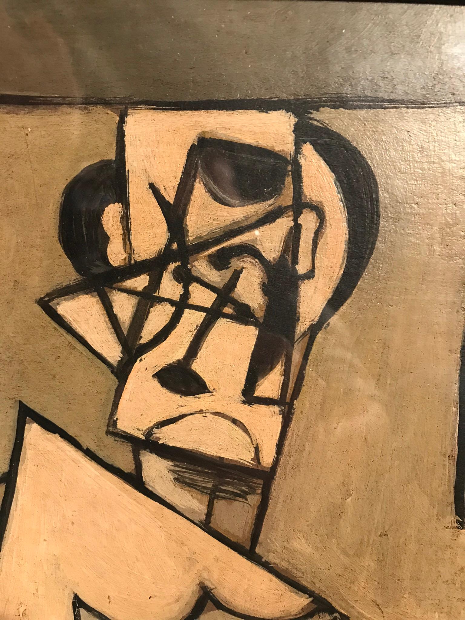 Describing how the artist sees themselves with each line, shape and bush stroke of this cubist oil painting, this piece is a reflection of the creator. Signed J.G.