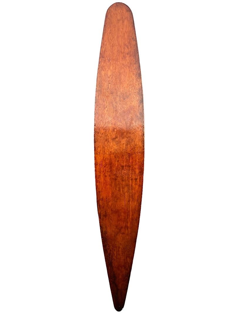 Late 1930s-early 40s Tom Blake style Hollow Wooden ”Kookbox” surfboard. Features a beautiful redwood construction joined by copper nails. Patented interior ribbed design, inspired by the construction method of airplane wings. Patented in the early