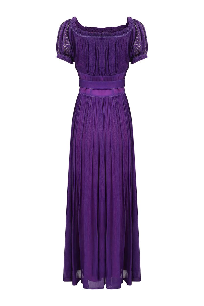 This enchanting very late 1940s to early 1950s purple silk chiffon evening gown is labelled 