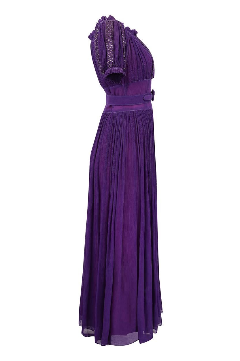 evening dress in deep purple plisse silk chiffon resist-dyed in magenta