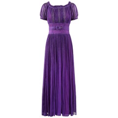 Vintage Late 1940s or 1950s Baroque Deep Purple Silk Chiffon Evening Dress