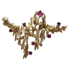 Retro Late 1950s Gold & Ruby Brutalist Walter Schleup Brooch 