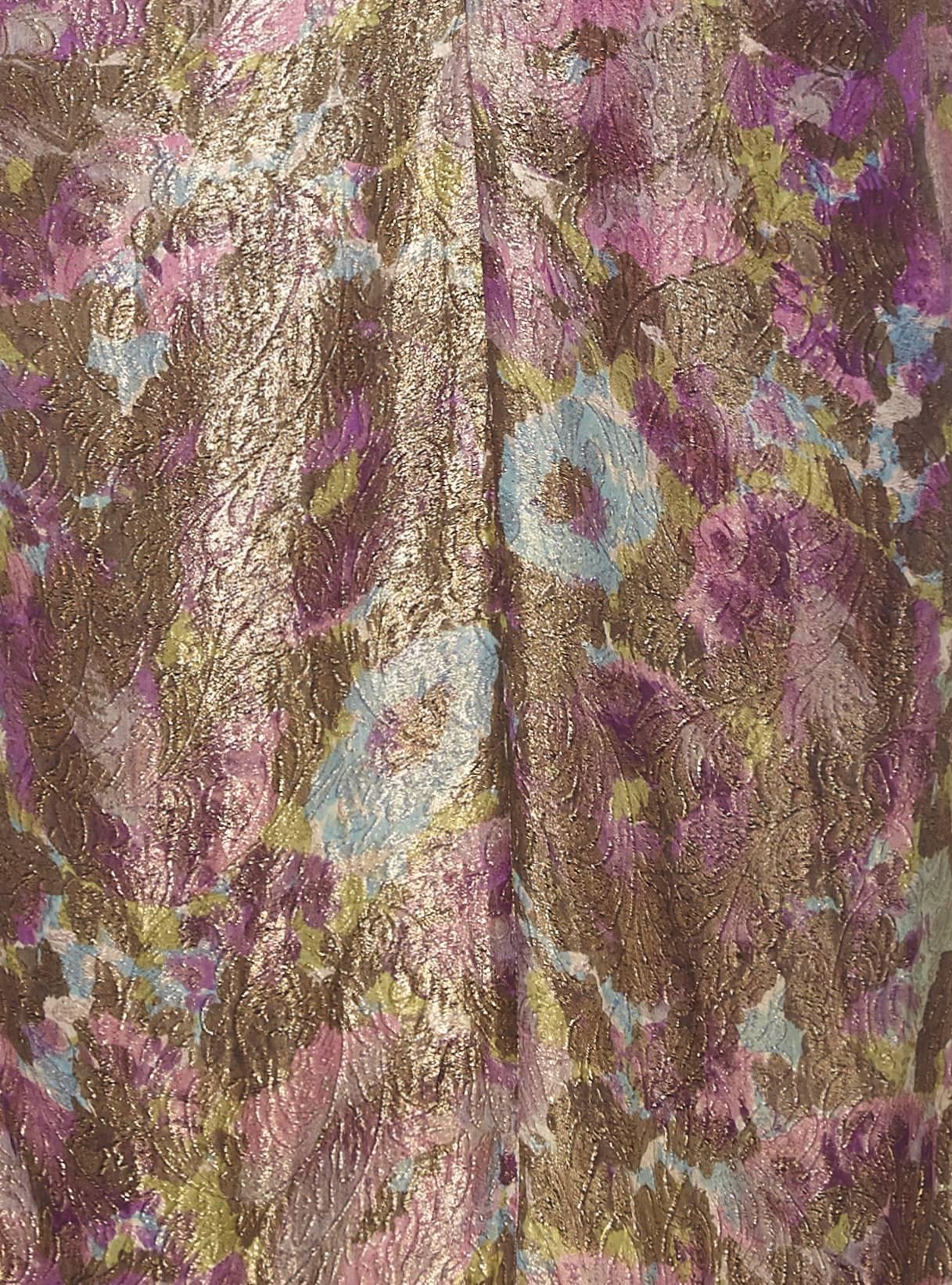 Late 1950's Lame cocktail dress with green and purple floral design In Excellent Condition In London, GB