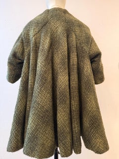 Late 1950s Linda Kinoshita Couture Olive Tweed Plaid Swing Coat w Unusual Back