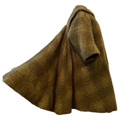 Late 1950s Linda Kinoshita Couture Olive Tweed Plaid Swing Coat w Unusual Back